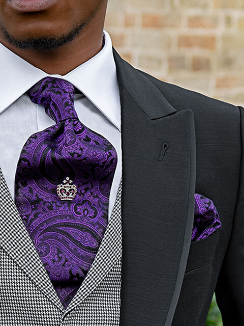 Cravattone e Fazzoletto in seta cachemire nero con viola scuro