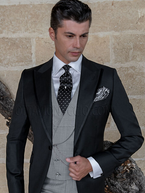 Abito cerimonia uomo fashion nero, gilet e pantalone principe di Galles grigio