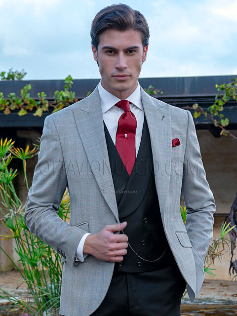 Abito uomo elegante Principe di Galles grigio con gilet e pantalone nero
