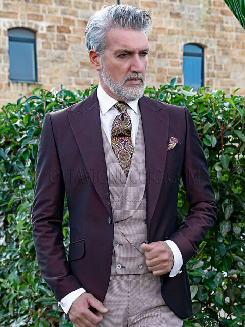 Giacca da cerimonia uomo bordeaux con gilet e pantalone principe di Galles