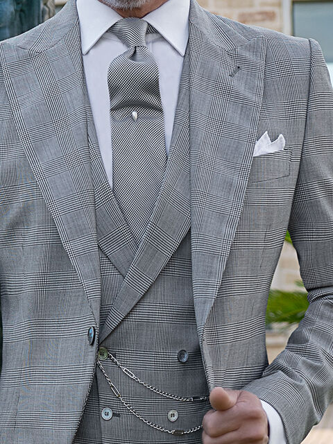 Gilet doppiopetto con rever principe di Galles grigio chiaro