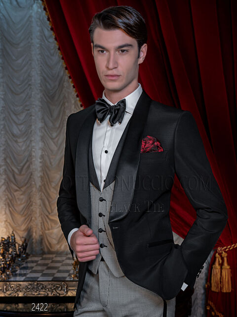 Abito uomo smoking nero sciallato con gilet e pantalone pied de poule