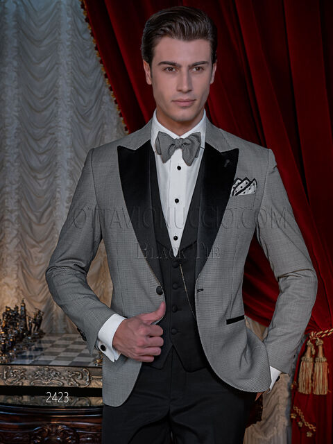 Smoking uomo da gala in pied de poule, gilet e pantalone nero