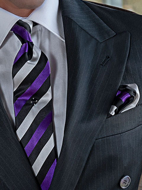 Cravatta e Fazzoletto in seta rigata viola