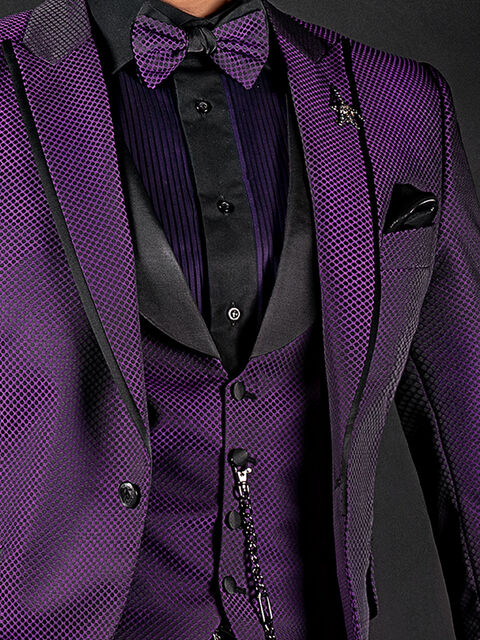 Gilet microdisegni nero-viola con collo sciallato