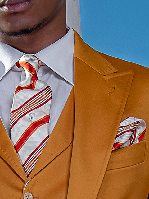 Cravatta e fazzoletto seta jacquard righe arancio su fondo bianco