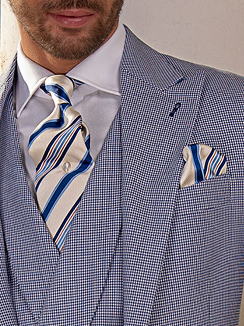 Cravatta e fazzoletto seta jacquard righe blu royal su fondo bianco