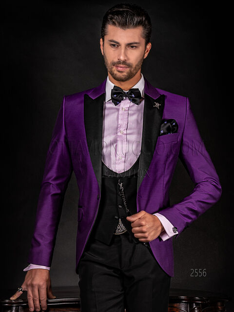 Abito smoking moderno da uomo viola e nero, pantaloni e gilet nero