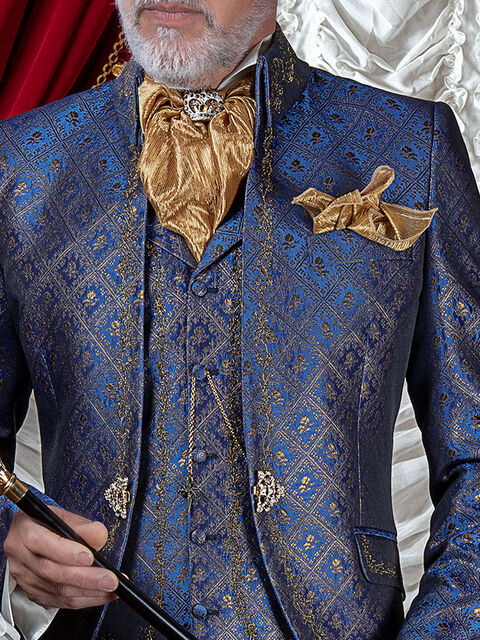 Gilet broccato blu e oro con ricamo oro