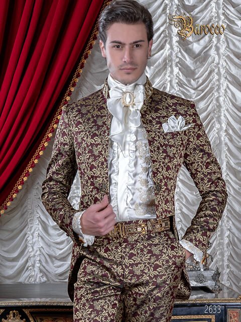 Frac alta moda barocca sposo broccato bordeaux oro, collo coreano