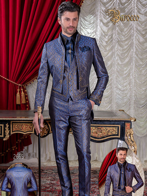 Vestito sposo frac uomo barocco broccato blu oro ricamato oro
