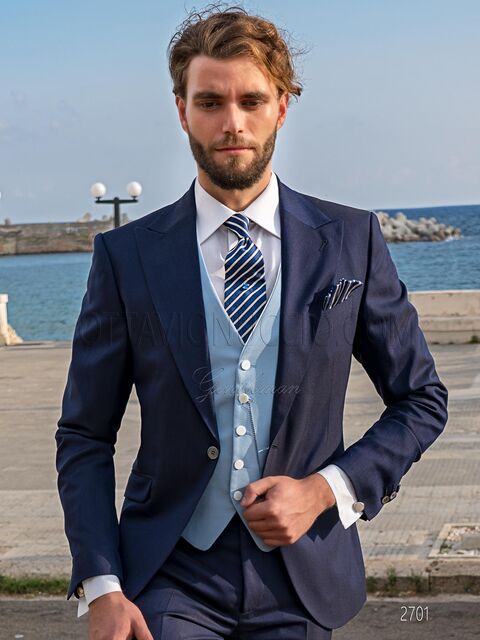 Abito cerimonia sposo blu, gilet 5 bottoni celeste
