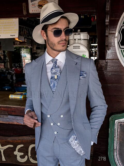 Abito cerimonia sposo vintage in pied-de-poule blu royal e gilet asimmetrico