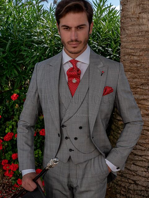 Tight moderno in principe di Galles grigio e gilet sciallato asimmetrico