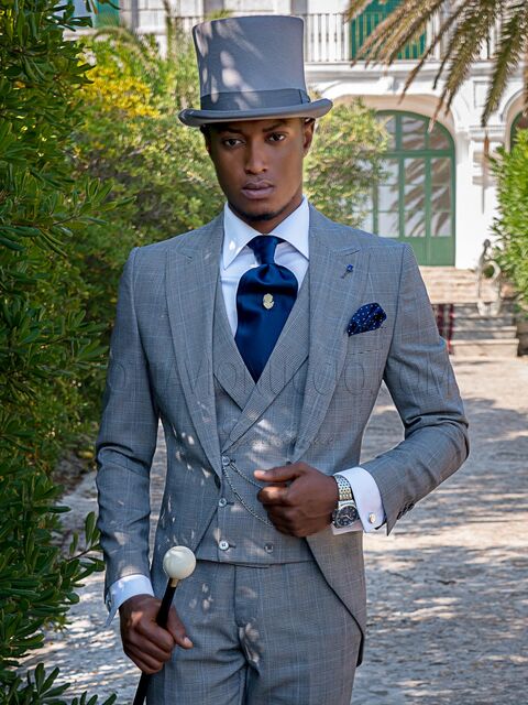 Mezzo-Tight moderno in principe di Galles grigio e gilet doppiopetto