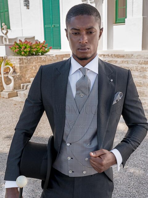 Abito uomo mezzo Tight moderno grigio e gilet principe di Galles seta