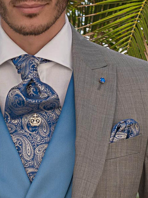 Cravattone e Fazzoletto in seta cachemire bluette argento
