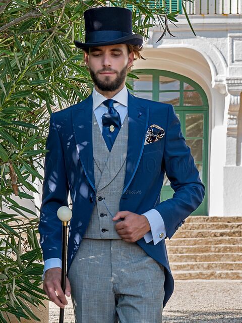 Tight moderno blu royal pantalone e gilet in principe di Galles grigio