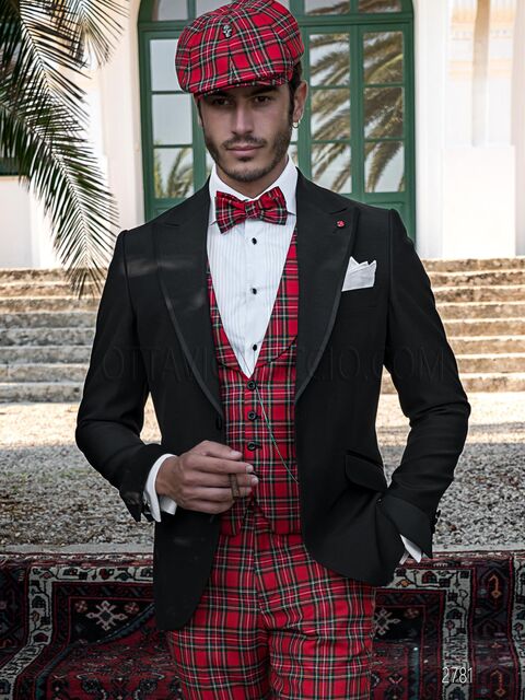 Blazer in stile inglese giacca nera pantalone e gilet in tartan rosso
