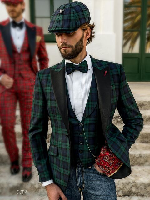 Smoking stile inglese, giacca e gilet in tartan verde