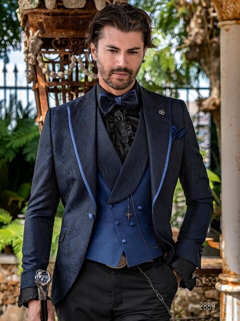 Abito cerimonia uomo stile vintage damascato blu e gilet blu elettrico