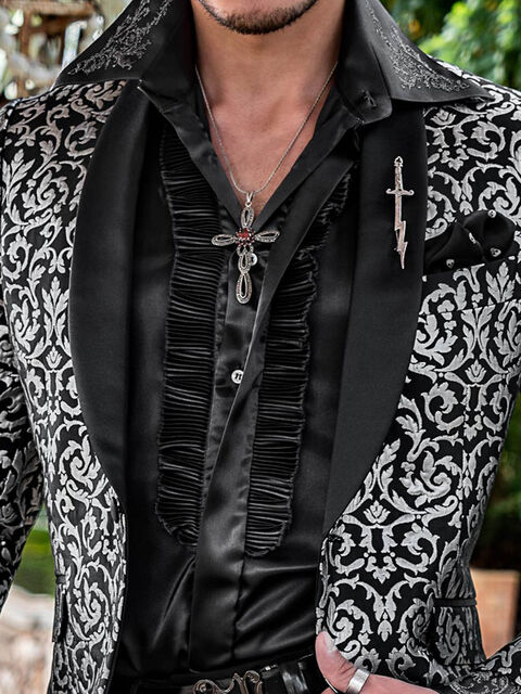 Camicia in raso grigio scuro plissé e ricamo drago