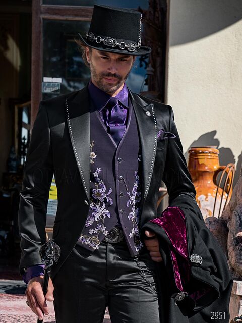 Abito uomo in raso nero con strass cristallo in stile steampunk vintage