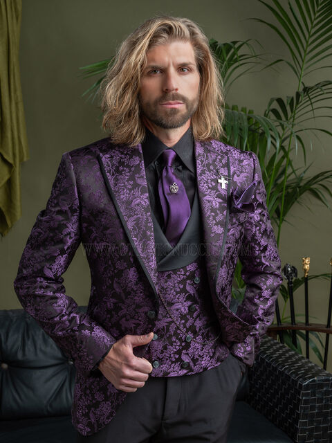 Giacca blazer da uomo in pura seta jacquard nero viola