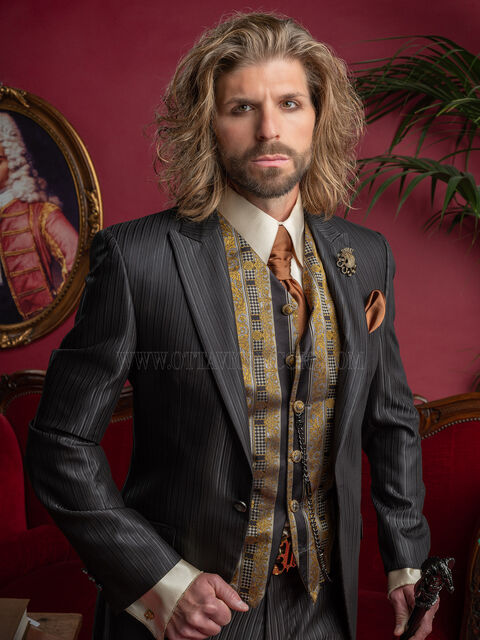 Vestito uomo stile steampunk gessato nero - Disponibilità Limitata