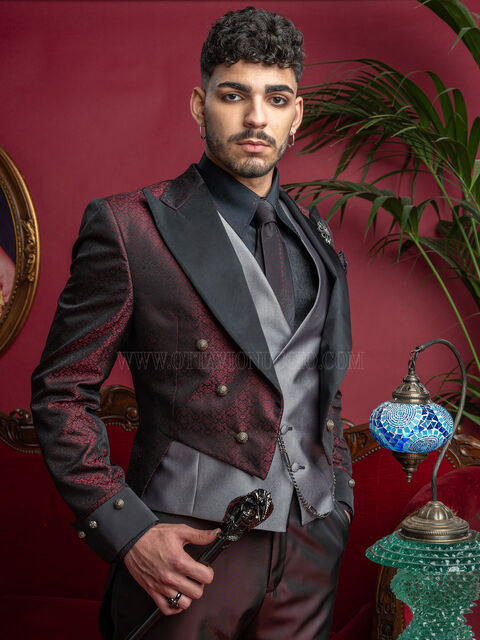 Frac bordeaux stile steampunk uomo con rever a contrasto - Disponibilità Limitata