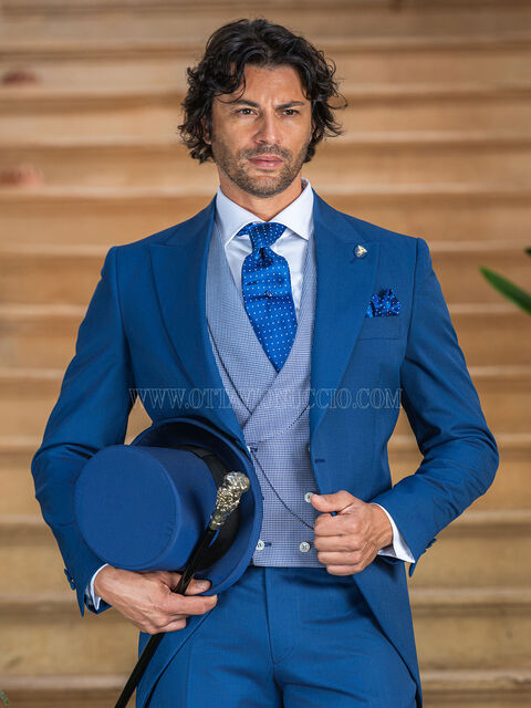 Abito da sposo blu azzurro tight moderno gilet pied de poule