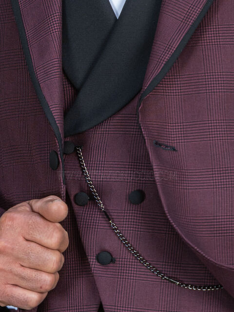 Gilet asimmetrico doppiopetto sciallato principe di Galles bordeaux e rever in raso