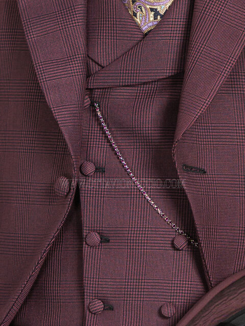 Gilet doppiopetto in Principe di Galles bordeaux con rever