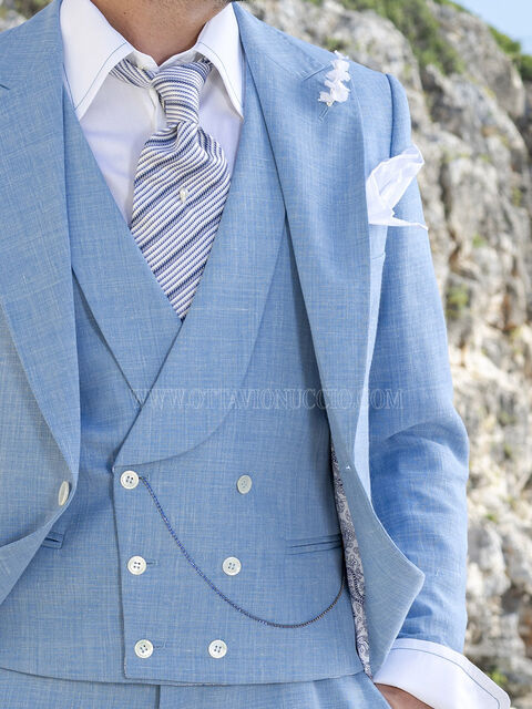 Gilet doppiopetto in misto lino celeste