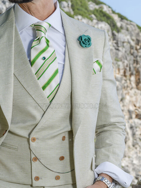 Gilet doppiopetto in tessuto cotone-lino fondo beige e Pied-de-poule verde