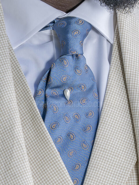 Cravatta in seta jacquard azzurro e disegni cachemire