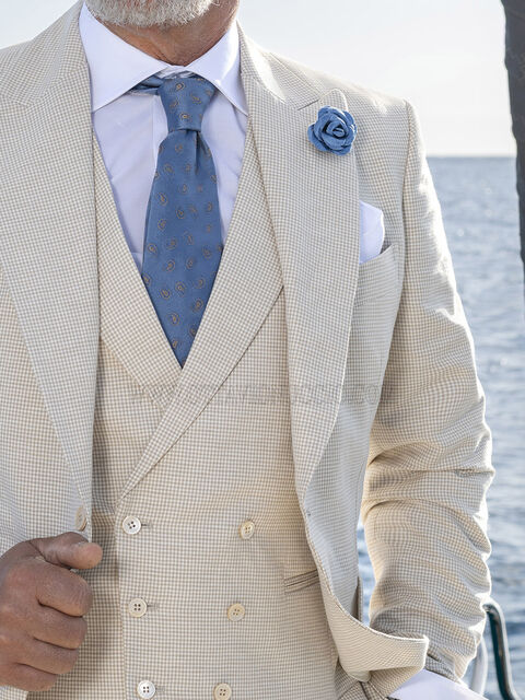 Gilet doppiopetto in tessuto cotone-lino fondo beige e Pied-de-poule beige