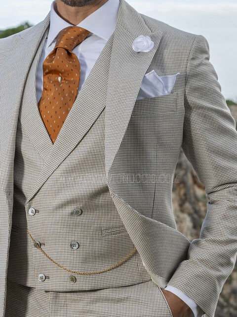 Gilet doppiopetto in tessuto cotone-lino fondo beige e Pied-de-poule marrone